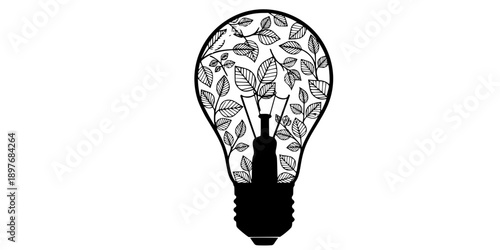 Lightbulb With Leaves Inside Silhouette Vector Illustration
