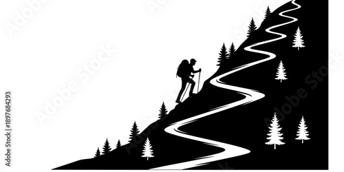 Hiker Climbing Switchback Trail Silhouette Vector Illustration
