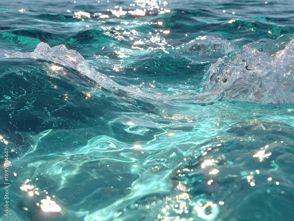 Fototapeta premium Sunlight reflects off the surface of turbulent ocean waves, creating a dynamic and sparkling visual effect.