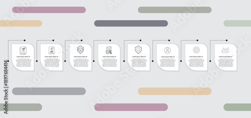 horizontal business timeline infographic template with connected steps and icons. modern flat design for workflow, process explanation, strategy planning, project stages, corporate presentation