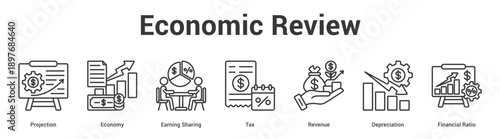 Economic Review web banner icon set vector illustration concept for business with icon of Economy, Earning Sharing, Tax, Revenue, Depreciation, Financ.