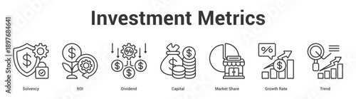 Investment Metrics web banner icon set vector illustration concept for business with icon of ROI, Dividend, Capital, Market Share, Growth Ra.
