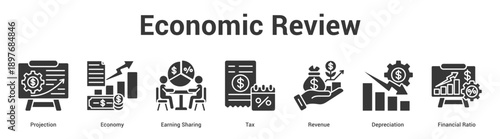 Economic Review web banner icon set vector illustration concept for business with icon of Economy, Earning Sharing, Tax, Revenue, Depreciation, Financ.