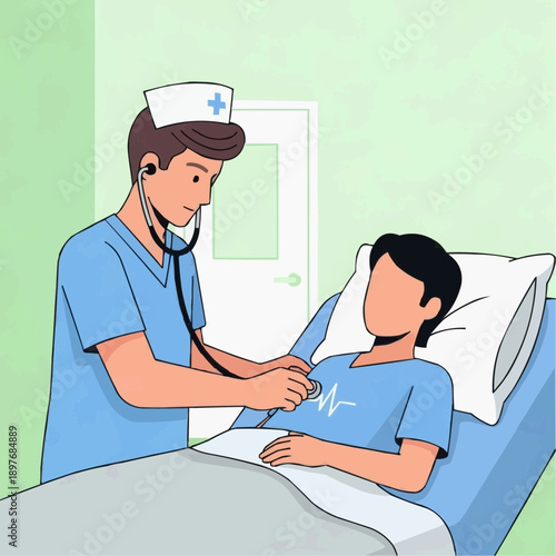 Male nurse checking patient's heartbeat with a stethoscope in a hospital room for medical examination and patient care concept, flat illustration