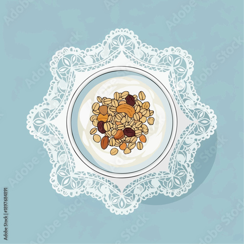Top-down illustration of a bowl of yogurt with granola and nuts, served on a lace doily for a healthy breakfast concept and nutritious lifestyle