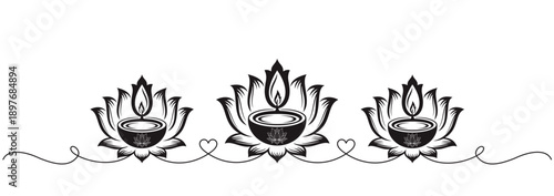 three lotus silhouettes, candle light, floating light, candle sparkle for diwali day, white background.
