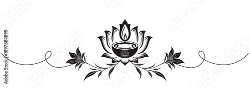 Lotus silhouette, candle light, floating light, candle sparkle for diwali day, white background.