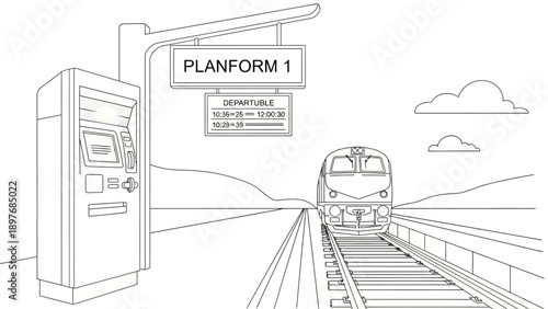 Train station platform with departure board and ticket machine.