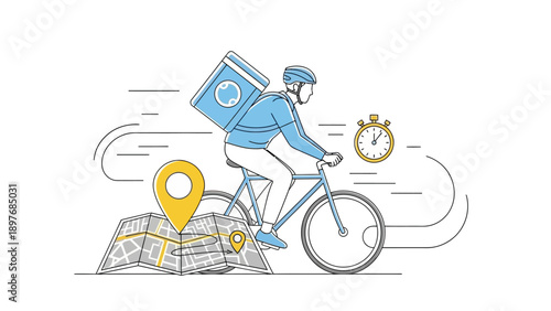 Delivery cyclist with map, stopwatch, and insulated bag