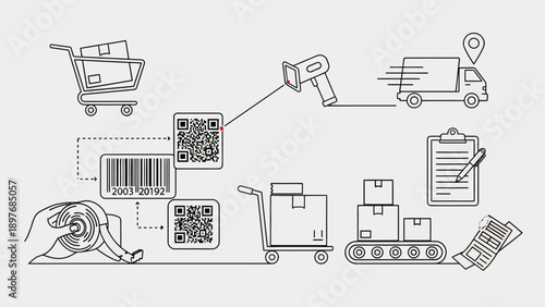 Modern logistics workflow with barcode scanning and package delivery.