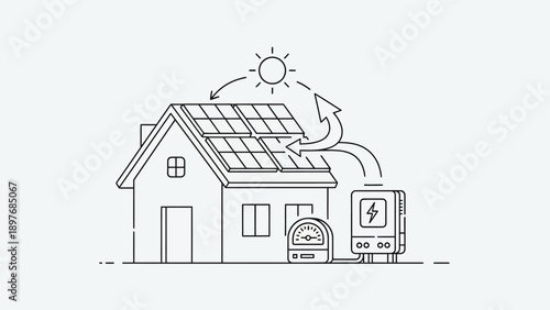House with solar panels and energy meter on white background.