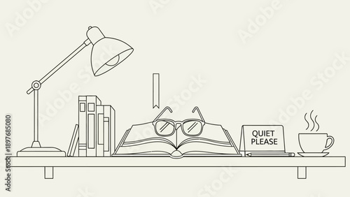 A quiet study desk with books, glasses, a lamp, and coffee.