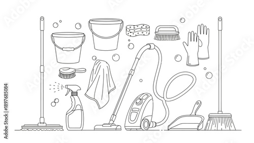 Set of cleaning tools and supplies, line art