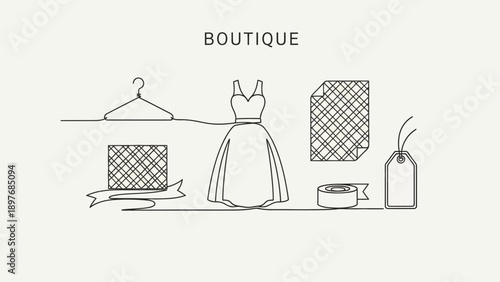 Minimalist illustration of a boutique display with a dress and accessories.