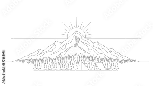 Mountain adventure with sunrise, footprints, and camping scene