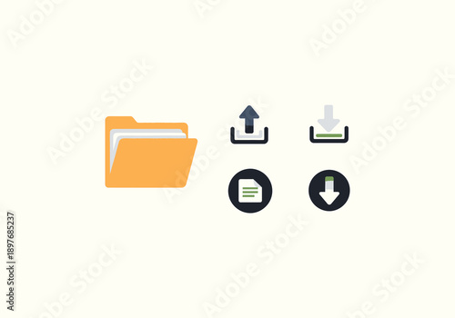 Vector Concept Design Flat Icon Digital File Management Icons - Folder, Upload, Download, and Document.