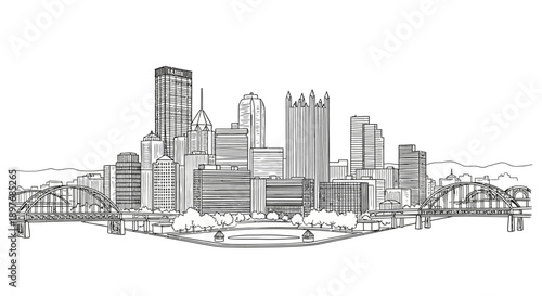 Cityscape Skyline with Skyscrapers and Bridges.