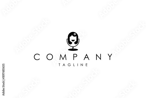 Woman podcast talk microphone logo in flat vector design style