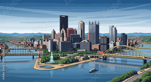 Pittsburgh City Skyline with River and Bridges.