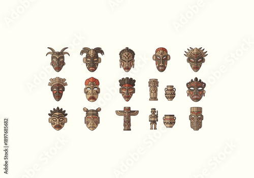 Vector Concept Design Flat Icon Diverse collection of tribal wooden masks, totems, and ancient pottery with intricate carvings.