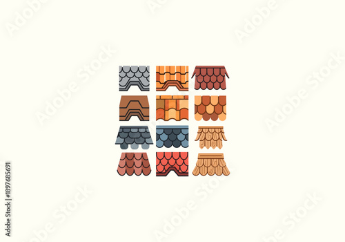 Vector Concept Design Flat Icon Diverse collection of stylized roof tiles and shingles, featuring various colors, shapes, and overlapping patterns.