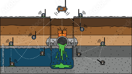 Industrial pipe leakage illustration depicting pollution in a water body with green liquid spill