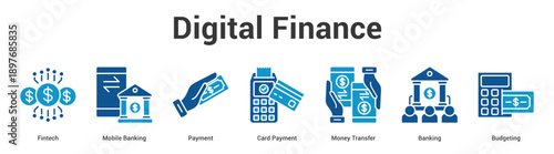 Digital Finance web banner icon set vector illustration concept for business with icon of Fintech, Mobile Banking, Payment, Card Payment, Money Transf.