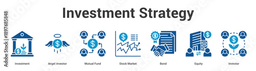 Investment Strategy web banner icon set vector illustration concept for business with icon of Investment, Angel Investor, Mutual Fund, Stock Market, Bo.
