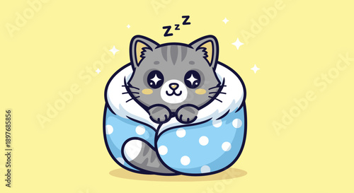 Gray Cartoon Cat Sleeping in Bean Bag.