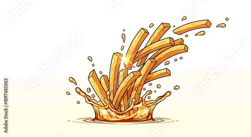 French Fries Splashing in Sauce