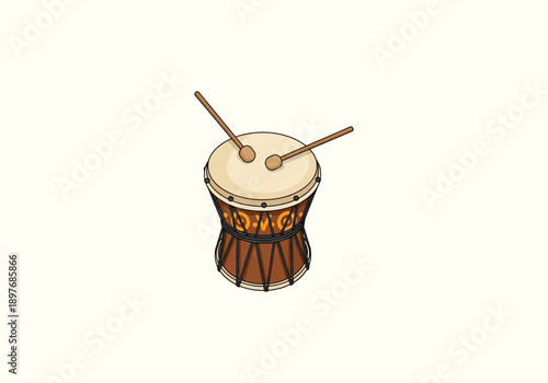 Vector Concept Design Flat Icon Djembe Drum with Drumsticks - Traditional Percussion Instrument Illustration.