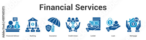 Financial Services web banner icon set vector illustration concept for business with icon of Financial Advisor, Banking, Insurance, Credit Union, Lend.