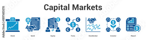Capital Markets web banner icon set vector illustration concept for business with icon of Stock, Bond, Equity, Forex, Stockbrok.