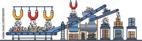 Industrial recycling facility with magnets and conveyor belts separating materials