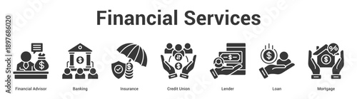 Financial Services web banner icon set vector illustration concept for business with icon of Financial Advisor, Banking, Insurance, Credit Union, Lend.