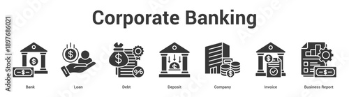 Corporate Banking web banner icon set vector illustration concept for business with icon of Bank, Loan, Debt, Deposit, Company, Invoi.
