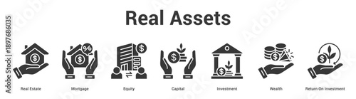 Real Assets web banner icon set vector illustration concept for business with icon of Real Estate, Mortgage, Equity, Capital, Investment, Wealth, Ret.