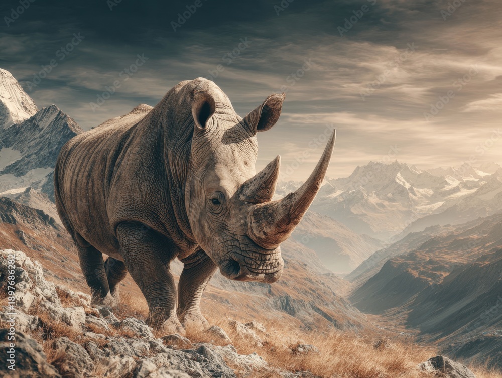 Fototapeta premium A single rhinoceros observes the viewer from a mountainous landscape under an overcast sky with snow-covered peaks.