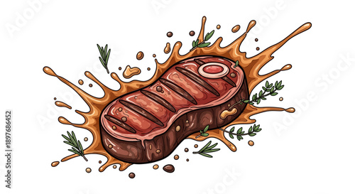 Grilled Steak with Sauce Splash and Herbs