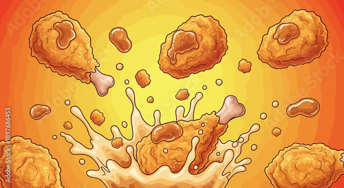 Fried Chicken Pieces with Splashing Gravy