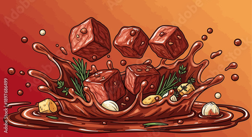 Steak cubes and herbs in splashing brown sauce