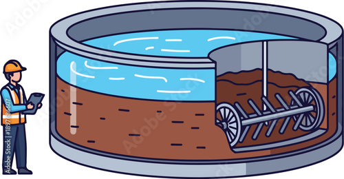 Industrial worker monitoring water treatment process in a large tank with machinery