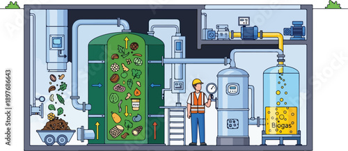 Industrial composting facility operations illustrated with worker overseeing process