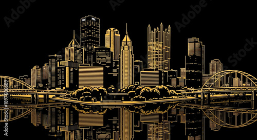 City Skyline with Bridge and Reflection.