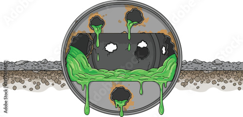Rusty metal drain pipe corroded and leaking green toxic sludge into the ground beneath, viewed from above in a detailed illustration