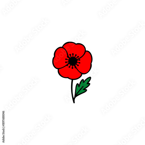 Red poppy flower illustration with black center and green leaf, minimal cartoon artwork, isolated on white background