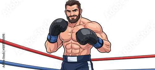 Male boxer standing confidently in the ring with red and blue ropes surrounding him, viewed from the front