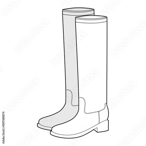 Block heel knee-high boot women sketch pair. Tall shaft with chunky heel for city stroll, casual chic. Technical fashion illustration CAD mockup detailed vector men unisex isolated elegant style.