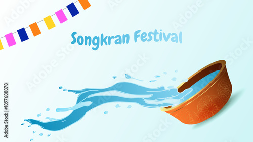 Songkran Thai New Year Water Festival Splash Vibrant flowers and joyful. For ads, web design, marketing. Vector illustration.