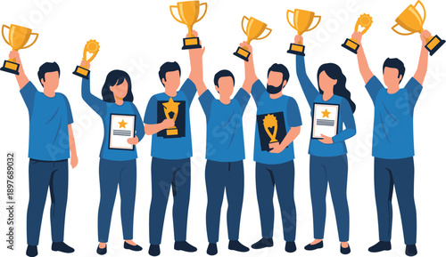 Group of people celebrating with trophies and certificates in a triumphant scene